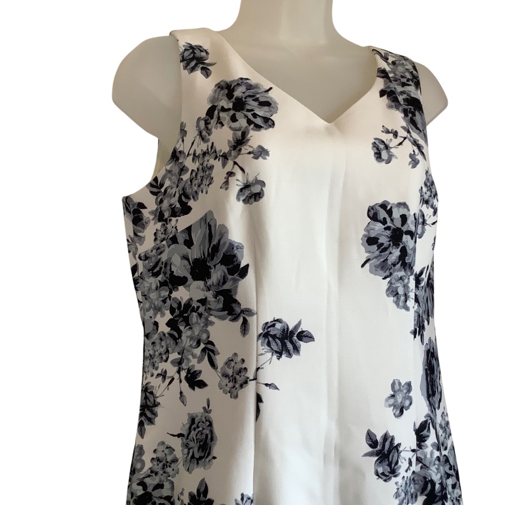 Talbots Petites Women 10P White Navy Floral Sheath Dress V-Neck Sleeveless Lined